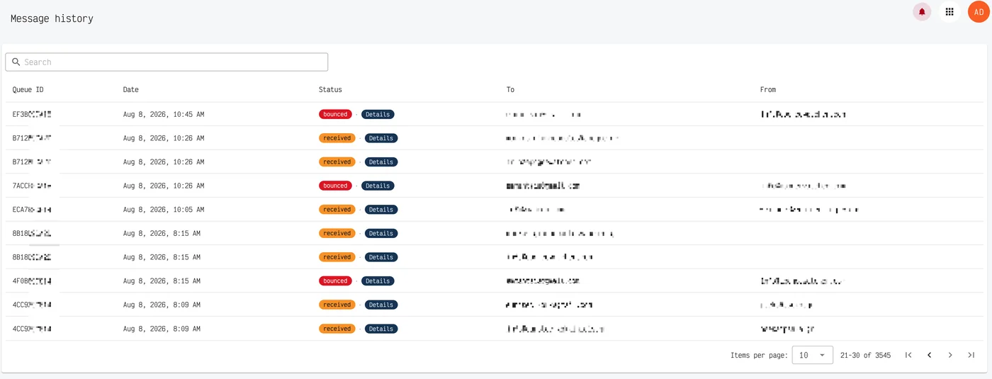 MailOps message history — bounce and received events with sender and recipient
